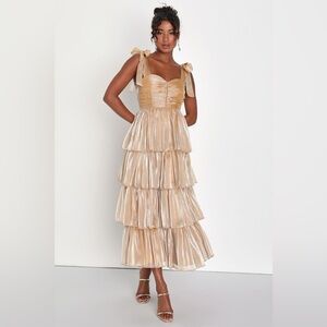 NWT Lulus Radiant Arrival Shiny Gold Organza Tiered Tie-Strap Maxi Dress Small
